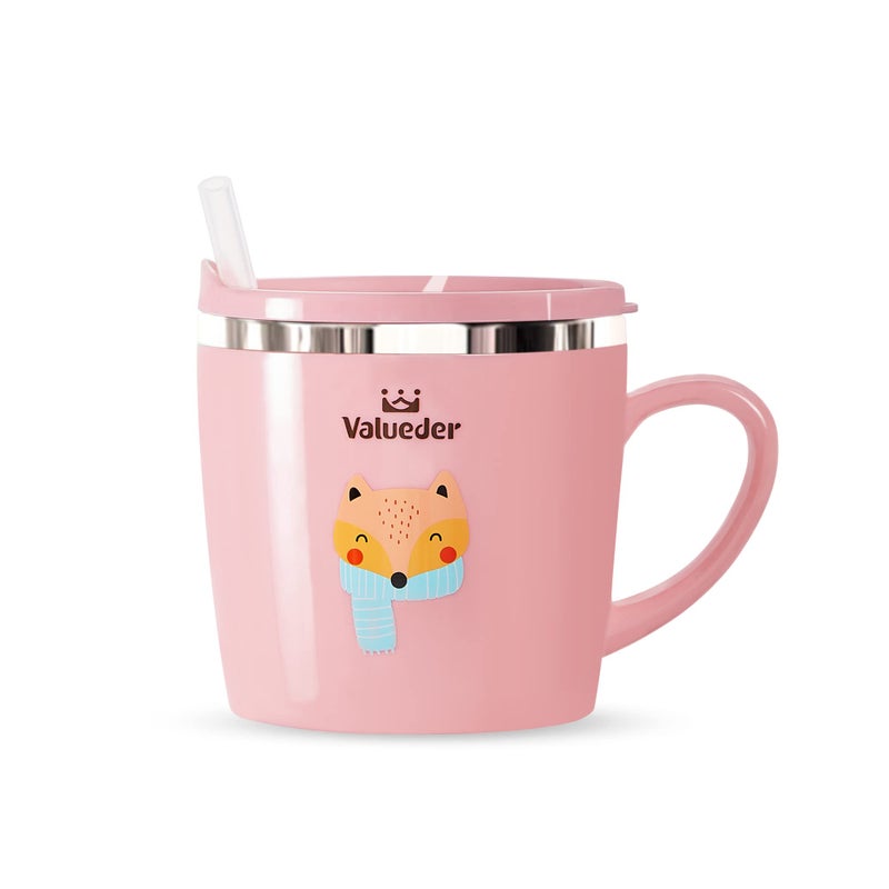 Valueder Baby Kids Toddler Sippy Cup Mug for Milk, Coffee, Stainless Steel Trainer Straw Cup with Lid, Fox, 7oz/Pink - Image 1